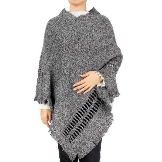 Black Two Tone Detailed Knit Pattern Accented Poncho Outwear Ruana Cover Up, the perfect accessory, luxurious, trendy, super soft chic warm cover, keeps you warm & toasty. You can throw it on over so many pieces elevating any casual outfit! Perfect Gift Birthday, Holiday, Christmas, Anniversary, Wife, Mom, Special Occasion