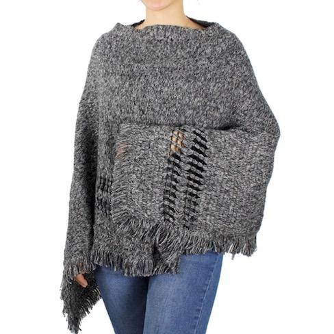 Black Two Tone Detailed Knit Pattern Accented Poncho Outwear Ruana Cover Up, the perfect accessory, luxurious, trendy, super soft chic warm cover, keeps you warm & toasty. You can throw it on over so many pieces elevating any casual outfit! Perfect Gift Birthday, Holiday, Christmas, Anniversary, Wife, Mom, Special Occasion