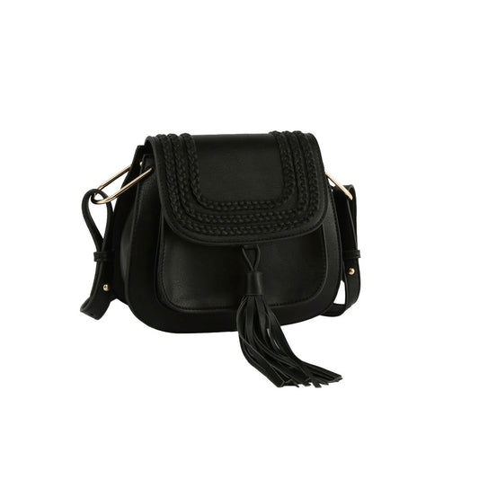Black Vegan Leather Satchel Crossbody Bag with Fringe Detail, This fringe detail crossbody bag is an absolute must-have accessory! It is a stunning satchel with different colors including a hanging tassel, braided details, a zipper pocket inside, and adjustable straps. An absolutely supportive bag for carrying handy items and daily accessories, country and Western!
