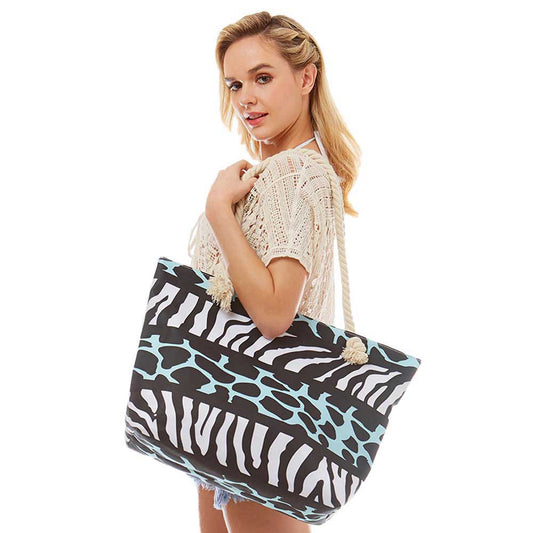 Black White Animal Zebra Print Beach Bag, Whether you are out shopping, going to the pool or beach, this zebra print bag is the perfect accessory. Spacious enough for carrying any and all of your seaside essentials. The soft rope straps really helps carrying this tie due shoulder bag comfortably. Folds flat for easy packing. Perfect Birthday Gift, Anniversary Gift, Mother's Day Gift, Vacation Getaway or Any Other occasions.