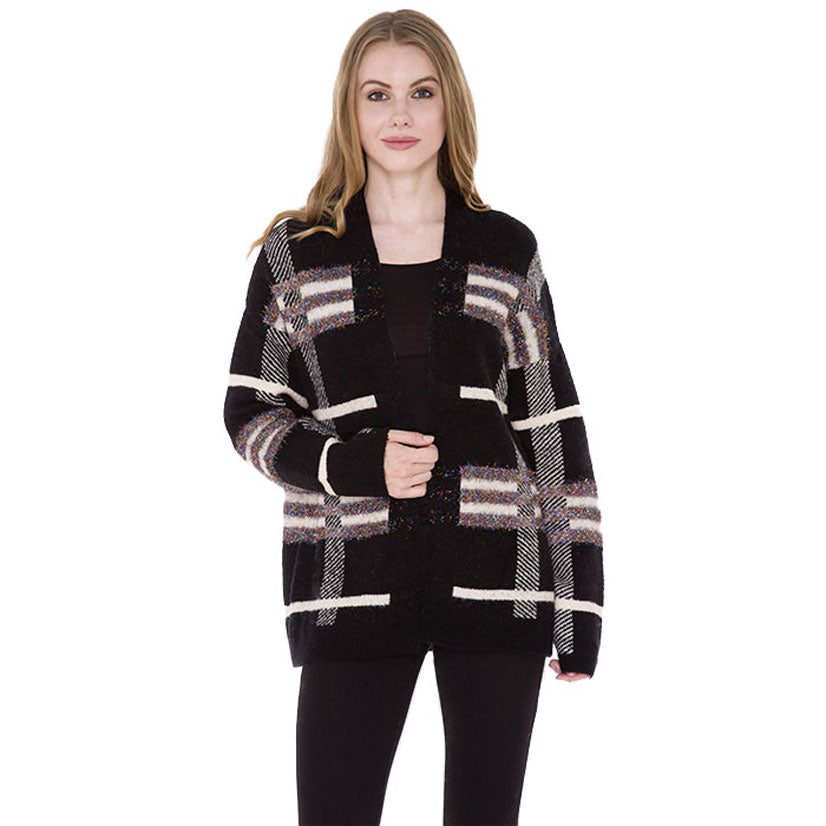 Black Winter Fall Fashionable Trendy Plaid Check Cardigan, the perfect accessory, luxurious, trendy, super soft chic capelet, keeps you warm and toasty. You can throw it on over so many pieces elevating any casual outfit! Perfect Gift for Wife, Mom, Birthday, Holiday, Christmas, Anniversary, Fun Night Out