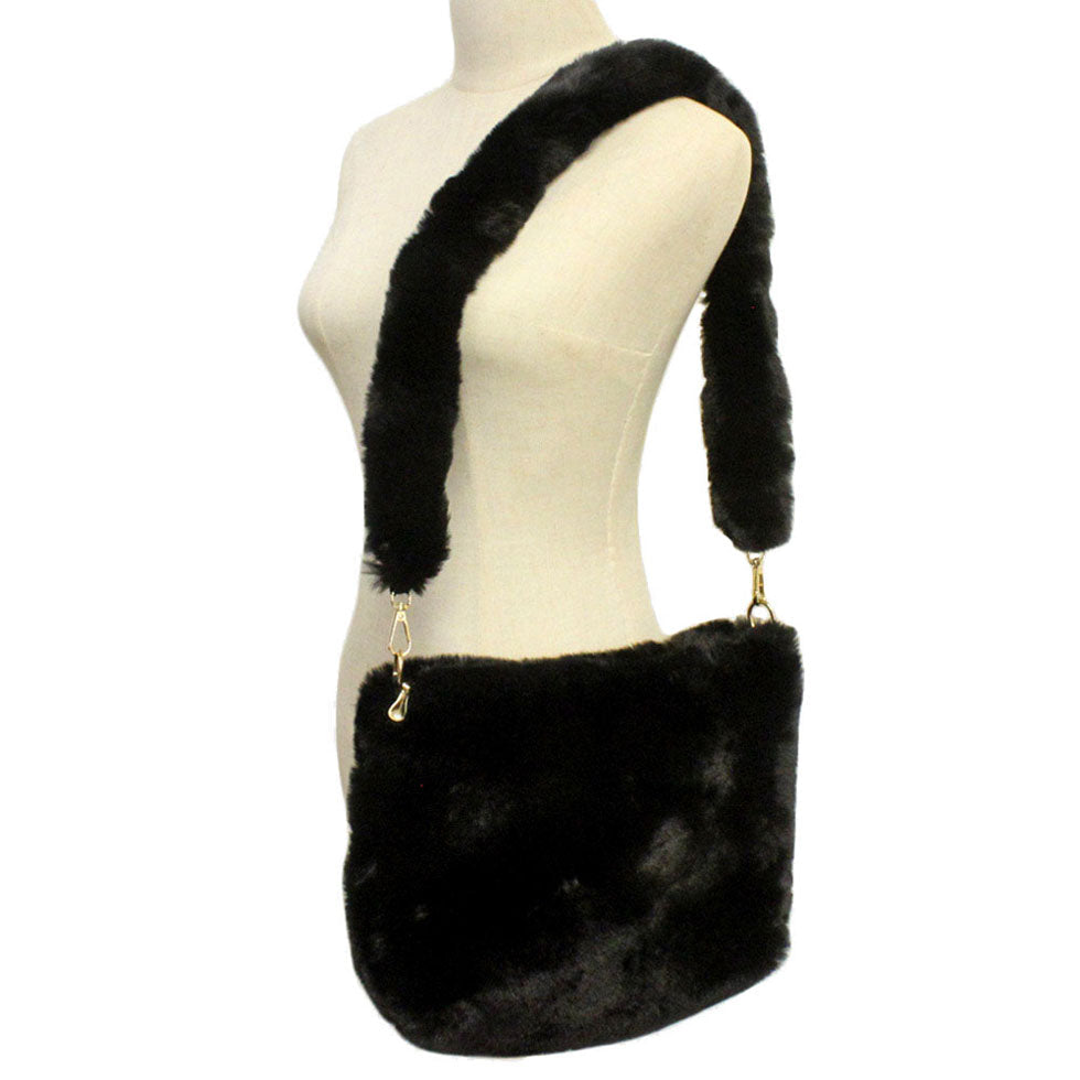 Black Zipper Closure Solid Faux Fur Crossbody Bag, This high quality evening Crossbody is both unique and stylish. perfect for money, credit cards, keys or coins, comes with a wristlet for easy carrying, light and simple. Look like the ultimate fashionista carrying this trendy  Solid Faux Fur Crossbody Bag!