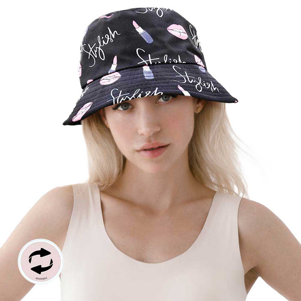 Black Stylish Message Lipstick Patterned Reversible Bucket Hat, Keep your styles on even when you are relaxing at the pool or playing at the beach. Have fun and look Stylish. You can easily fold this bucket hat and put it in any backpack. perfect for keeping the sun off of your face, neck, and shoulders Perfect summer, beach accessory. Ideal for travelers who are on vacation or just spending some time in the great outdoors.