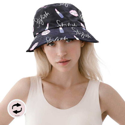Black Stylish Message Lipstick Patterned Reversible Bucket Hat, Keep your styles on even when you are relaxing at the pool or playing at the beach. Have fun and look Stylish. You can easily fold this bucket hat and put it in any backpack. perfect for keeping the sun off of your face, neck, and shoulders Perfect summer, beach accessory. Ideal for travelers who are on vacation or just spending some time in the great outdoors.