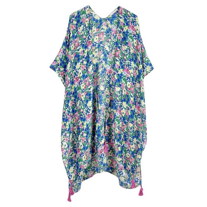 Blue Flower Patterned Cover Up Kimono Poncho. Lightweight and soft brushed fabric exterior fabric that make you feel more comfortable. Great for dating, hanging out, daily wear, vacation, travel, shopping, holiday attire, office, work, outwear, fall, spring or early winter. Perfect Gift for Wife, Mom, Birthday, Holiday, Anniversary, Fun Night Out.