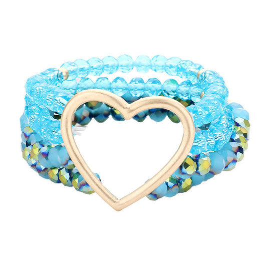 Blue Open Metal Heart Accented Multi Layered Faceted Beaded Stretch Bracelet. Beautifully crafted design adds a gorgeous glow to any outfit. Jewelry that fits your lifestyle! Perfect Birthday Gift, Anniversary Gift, Mother's Day Gift, Anniversary Gift, Graduation Gift, Prom Jewelry, Just Because Gift, Thank you Gift.