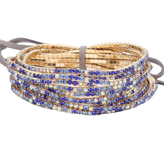 Blue 12PCS Ribbon Colorful Rhinestone Layered Stretch Bracelets. This Rhinestone Stretch Bracelet sparkles all around with it's surrounding round stones, stylish stretch bracelet that is easy to put on, take off and comfortable to wear. It looks modern and is just the right touch to set off LBD. Perfect jewelry to enhance your look. Awesome gift for birthday, Anniversary, Valentine’s Day or any special occasion.