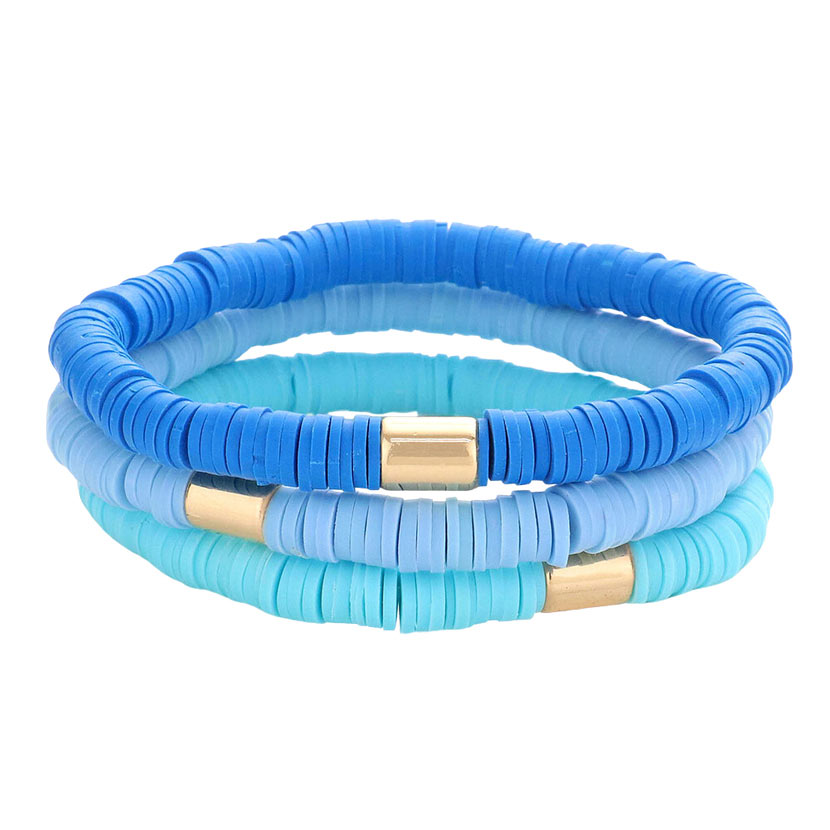Blue 3PCS Metal Cylinder Heishi Beaded Stretch Bracelets, Add this 3-piece beaded Stretch bracelet to light up any outfit and feel absolutely flawless. Fabulous fashion and sleek style add a pop of pretty color to your attire. Perfect gifts for weddings, Prom, birthdays, anniversaries, Valentine‚Äö√Ñ√¥s Day, or any occasion.