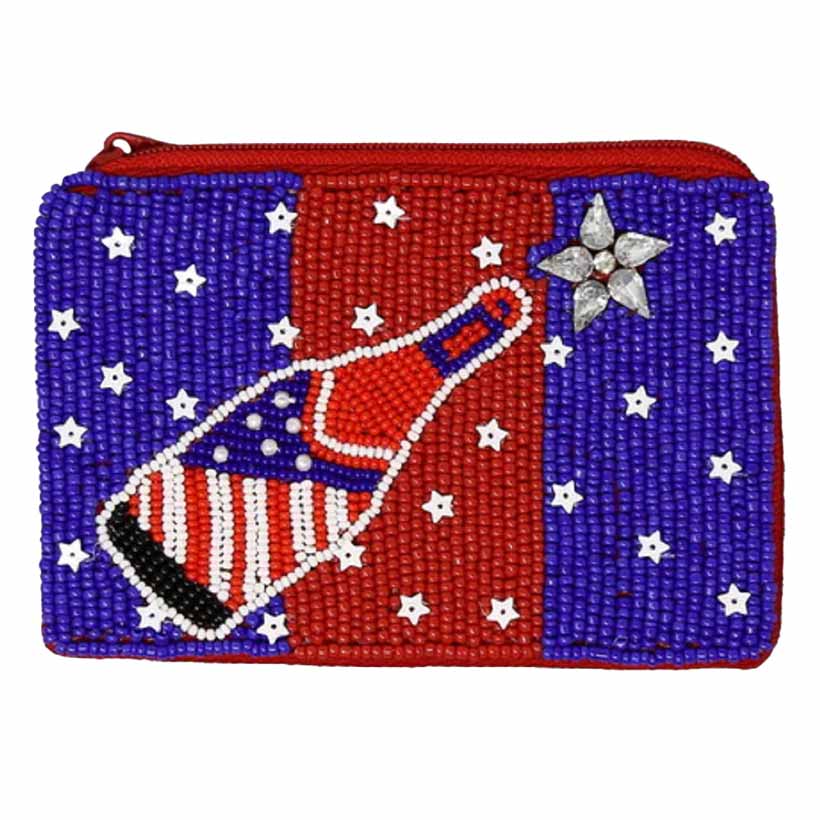 Blue American Flag Bottle Seed Beaded Coin Purse, look like the ultimate fashionista when carrying this seed-beaded coin purse, great for when you need something small to carry or drop in your bag. Show your love for Your country with this sweet patriotic American flag-seed beaded coin purse. Red, white, and blue are used for a trendy fireworks flare. Whether you're shopping, heading to the pool, or the beach,