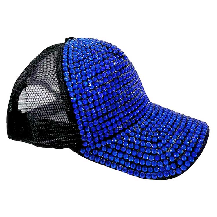 Royal Blue Bling Studded Mesh Back Baseball Cap, Front panel studded and fashionable, back mesh fabric makes it breathable and comfortable. The perfect "Bling" hat to keep you stylish, comfortable and on-the-go gorgeous. Wearing this hat can also make your hair don’t cover your face and eyes, make you safe and more convenient in most outdoor activities. perfect for hiking, camping, and other sports. Ideal for summer, Also suit for hip hop dancing, rock and punk style.