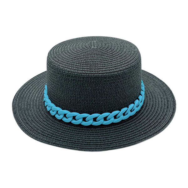 BLue Colored Chain Band Panama Sun Hat, adds a great accent to your wardrobe, Unique, timeless and classic. Panama Sun Hat looks cool and fashionable. Perfect for that bad hair day, or simply casual everyday wear; Makes a great gift for that fashionable on-trend friend of yours. Perfect for keeping the sun off of your face, neck, and shoulders.