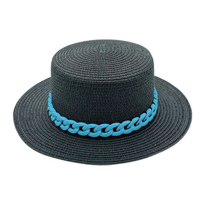 BLue Colored Chain Band Panama Sun Hat, adds a great accent to your wardrobe, Unique, timeless and classic. Panama Sun Hat looks cool and fashionable. Perfect for that bad hair day, or simply casual everyday wear; Makes a great gift for that fashionable on-trend friend of yours. Perfect for keeping the sun off of your face, neck, and shoulders.