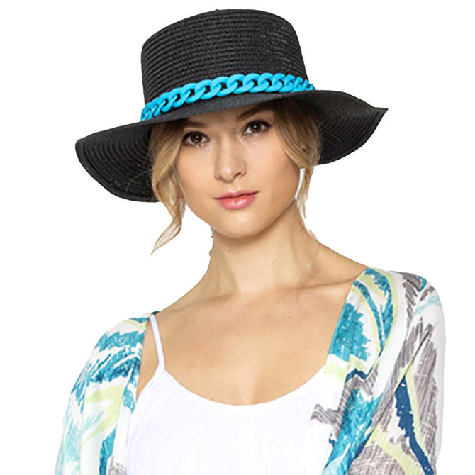 BLue Colored Chain Band Panama Sun Hat, adds a great accent to your wardrobe, Unique, timeless and classic. Panama Sun Hat looks cool and fashionable. Perfect for that bad hair day, or simply casual everyday wear; Makes a great gift for that fashionable on-trend friend of yours. Perfect for keeping the sun off of your face, neck, and shoulders.