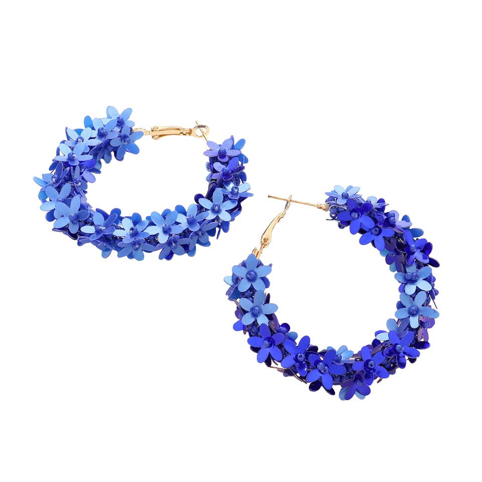 Blue Flower Cluster Hoop Earrings, There's no better summer accessory than the bright and beautiful colored cluster hoop earrings. These fun multicolored flower clusters are perfect for making a statement. Adding a feminine touch to any outfit with these intricately handmade dangle earrings.