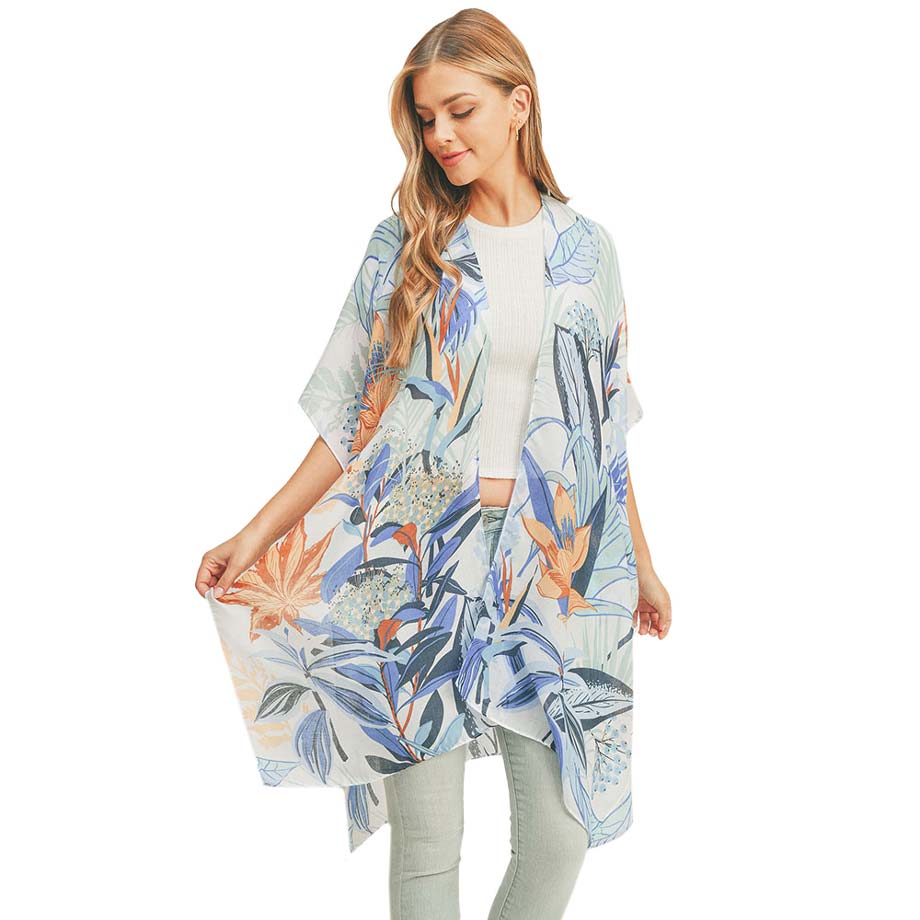 Blue Flower Print Cover Up Kimono Poncho, Absolutely fab for this summer & spring season to amp up your attire & make you comfortable in dressing up. These kimonos feature a beautiful flower pattern that is easy to pair with so many tops. Lightweight and breathable fabric, comfortable to wear. Suitable for weekends, work, holidays, beach, parties, clubs, nights, evenings, dates, casual and other occasions in spring, summer & autumn.