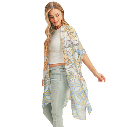 Blue Flower Leaf Print Cover-Up Kimono Poncho, Absolutely fab for this summer & spring season to amp up your attire & make you comfortable in dressing up. These kimonos feature a beautiful flower leaf pattern that is easy to pair with so many tops. Lightweight and breathable fabric, comfortable to wear.
