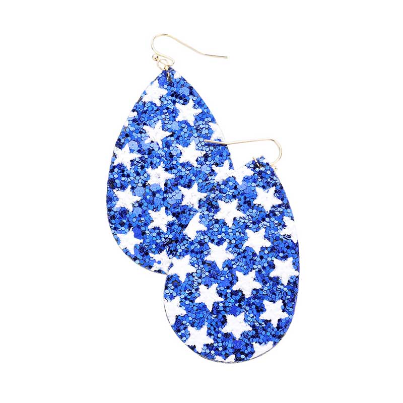 Blue Glitter Star Teardrop Earrings, simple sophistication makes a standout addition to your collection designed adds a pop of color to any outfit style, Show your love for our country with this sweet patriotic Glitter Star USA flag style American Flag Earrings. These teardrop earrings are just the thing you need to complete your costume!