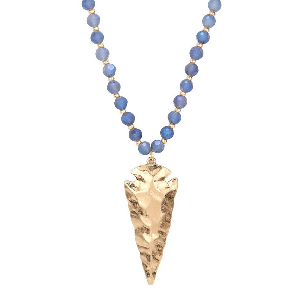 Blue Hammered Metal Arrow Pendant Faceted Beads Long Necklace, The arrowhead pendant design is trendy and chic, cool and special, goes well with other accessories, make you more charming and edgy among the crowds.  This faceted beads necklace pendant is suitable for any occasion, Perfect Birthday Gift, Anniversary Gift, Mother's Day Gift. 