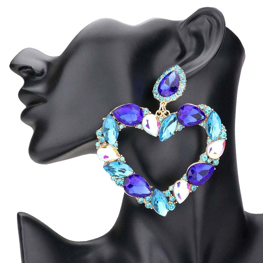 Blue Marquise Teardrop Stone Cluster Open Heart Dangle Evening Earrings, put on a pop of color to complete your ensemble. Beautifully crafted design adds a gorgeous glow to any outfit Perfect for adding just the right amount of shimmer & shine . Perfect Birthday Gift, Anniversary Gift, Mother's Day Gift, Graduation Gift.