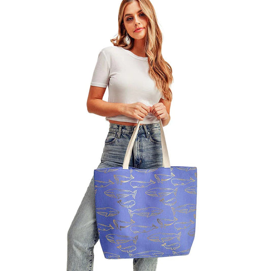 Blue Metallic Whale Beach Tote Bag, going to the pool or beach, this Whale print tote bag is the perfect accessory. Spacious enough for carrying any and all of your seaside essentials. The soft rope straps really help carry this tie due shoulder bag comfortably. Perfect for carrying books, as a laptop bag, beach carry, or even an everyday bag!