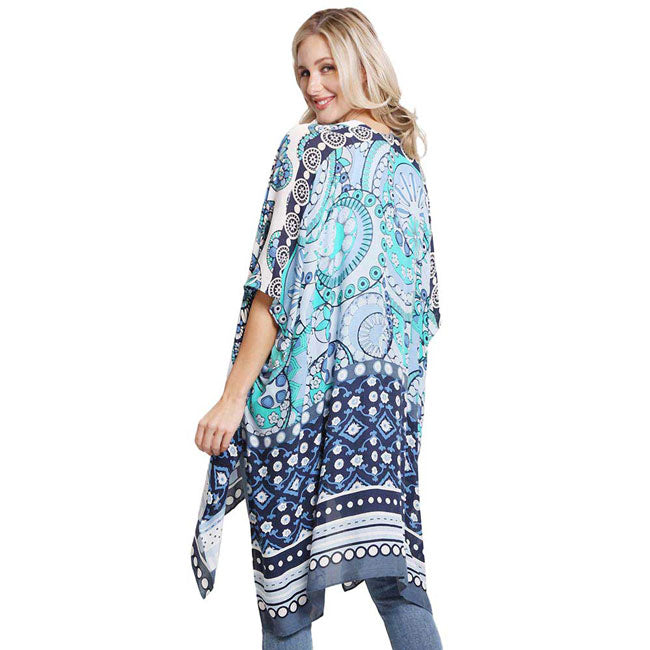 Blue Fashionable Mixed Flower Printed Cover Up Kimono Poncho. These Poncho featuring a mixed flower printed design  easy to pair with so many tops. Lightweight and Breathable Fabric, Comfortable to Wear. Suitable for Weekend, Work, Holiday, Beach, Party, Club, Night, Evening, Date, Casual and Other Occasions in Spring, Summer and Autumn.