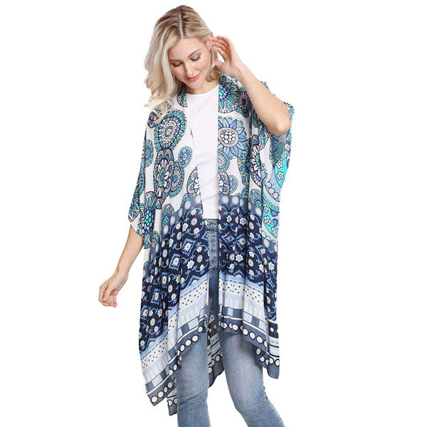 Blue Fashionable Mixed Flower Printed Cover Up Kimono Poncho. These Poncho featuring a mixed flower printed design  easy to pair with so many tops. Lightweight and Breathable Fabric, Comfortable to Wear. Suitable for Weekend, Work, Holiday, Beach, Party, Club, Night, Evening, Date, Casual and Other Occasions in Spring, Summer and Autumn.