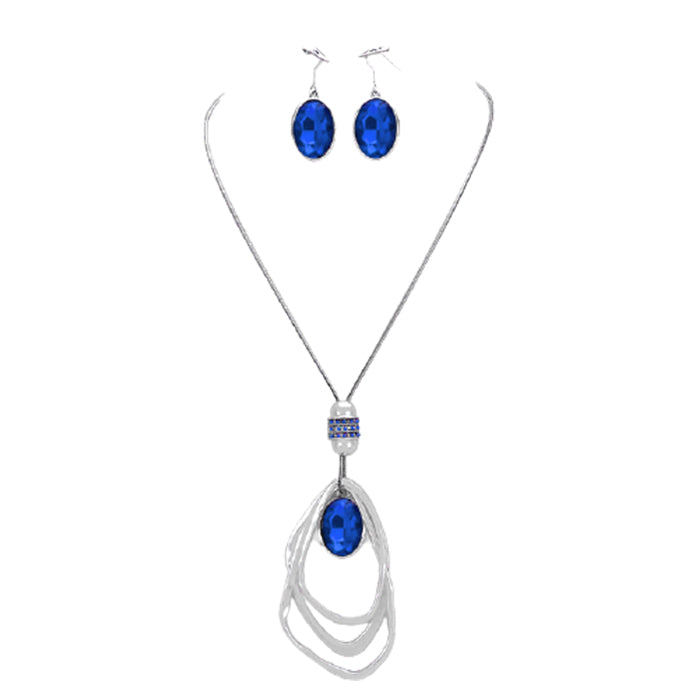 Blue Oval Glass Crystal Triple Abstract Hoop Necklace with earrings set; exquisite beautifully crafted charms add a gorgeous glow to any outfit. Perfect Birthday Gift, Anniversary Gift, Mother's Day Gift, Anniversary Gift, Graduation Gift, Prom Jewelry, Just Because Gift, Thank you Gift, Keepsake Gift, Mom Gift