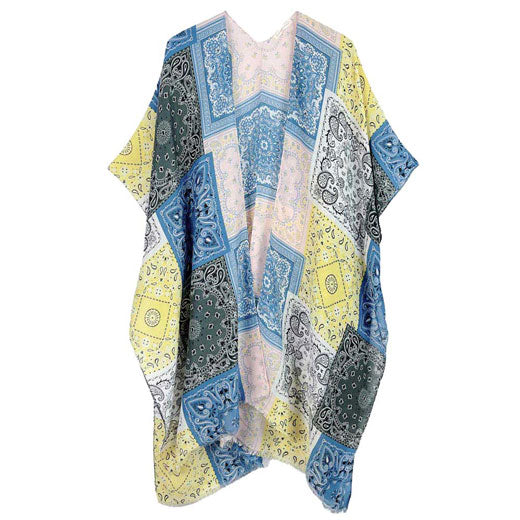 Blue Paisley Bandana Patterned Cover Up Kimono Poncho. Lightweight and soft brushed fabric exterior fabric that make you feel more warm and comfortable. Cute and trendy Poncho for women. Great for dating, hanging out, daily wear, vacation, travel, shopping, holiday attire, office, work, outwear, fall, spring or early winter. Perfect Gift for Wife, Mom, Birthday, Holiday, Anniversary, Fun Night Out.