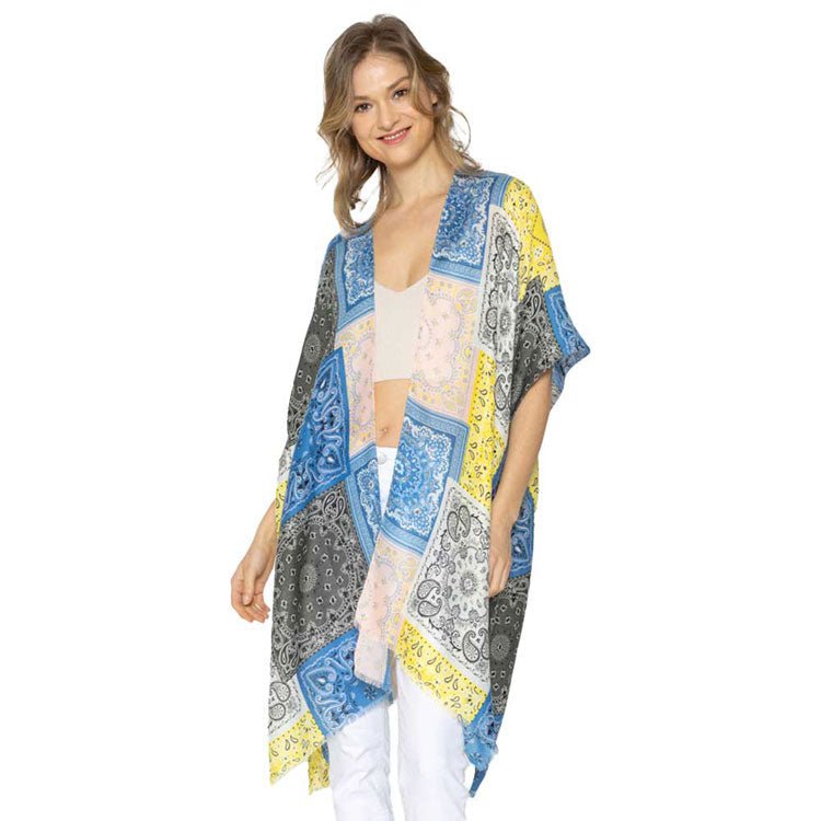 Blue Paisley Bandana Patterned Cover Up Kimono Poncho. Lightweight and soft brushed fabric exterior fabric that make you feel more warm and comfortable. Cute and trendy Poncho for women. Great for dating, hanging out, daily wear, vacation, travel, shopping, holiday attire, office, work, outwear, fall, spring or early winter. Perfect Gift for Wife, Mom, Birthday, Holiday, Anniversary, Fun Night Out.