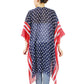 Blue Red American Flag Print Kimono Poncho, Show your love for your country with this sweet patriotic Outfit style American Flag Kimono Poncho. Featuring red, white, and blue colors and a bit of fashionable fireworks flair. Enhance your attire with these vibrant artisanal Kimono Poncho to show off your fun trendsetting style.