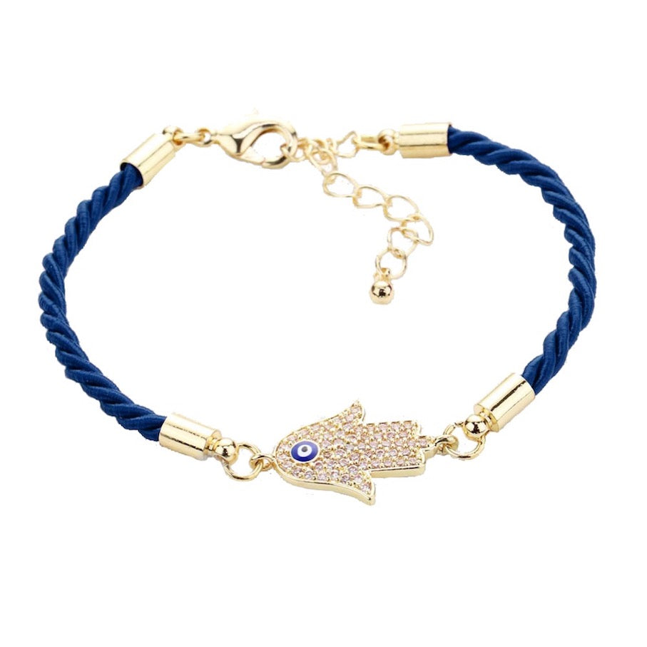 Blue Rhinestone Embellished Detailed Hamsa Hand Evil Eye Charm Bracelet; ward off bad energy & bring good luck, good fortune and happiness all while still keeping you chic & fashionable, beautiful bracelet to match your style. Perfect Birthday Gift, Anniversary Gift, Mother's Day Gift, Graduation Gift, Bridesmaid Keepsake