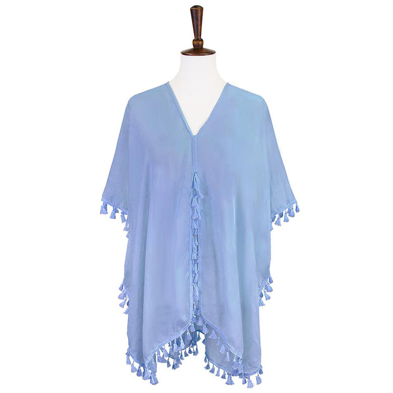 Blue Tassel Trimmed Solid Cover Up, Luxurious, trendy, super soft chic capelet, keeps you warm and toasty. You can throw it on over so many pieces elevating any casual outfit! Perfect Gift for Wife, Birthday, Holiday, Christmas, Anniversary, Fun Night Out.