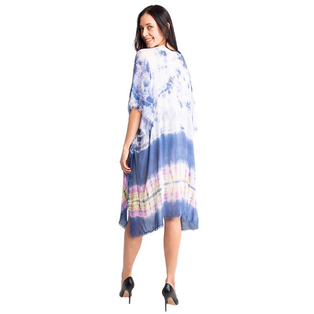 Blue Tie Dye Cover Up Kimono Poncho, These Beach Poolside chic is made easy with this lightweight cover-up featuring tonal line and a relaxed silhouette, look perfectly breezy and laid-back as you head to the beach. Also an accessory easy to pair with so many tops! From stylish layering camis to relaxed tees, you can throw it on over so many pieces elevating any casual outfit! Great gift idea for your loving one.