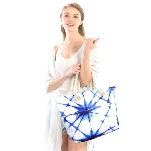 Blue Tie Dye Print Beach Tote Bag Rope Handle Tote Bag Shopper Bag