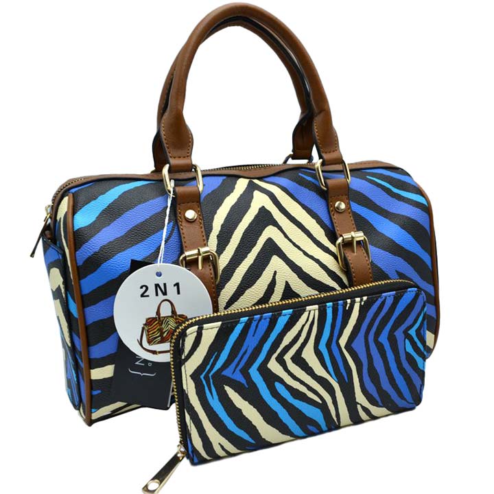 Blue Trendy 2 In 1 Zebra Print Dome Satchel Bag Set, is beautifully designed with different colored zebra print that fits any outfit and enriches your look in a stylish way. The big compartment of the bag is more than enough for carrying your daily essentials comfortably. These faux leather bags come with a matching zipper wallet to keep keys, money, makeup, etc, handy things.