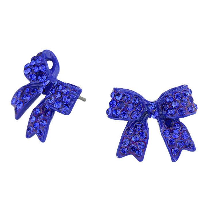 BLue Trendy Fashionable Pave bow stud earrings. Beautifully crafted design adds a gorgeous glow to any outfit. Jewelry that fits your lifestyle! Perfect Birthday Gift, Anniversary Gift, Mother's Day Gift, Anniversary Gift, Graduation Gift, Prom Jewelry, Just Because Gift, Thank you Gift.