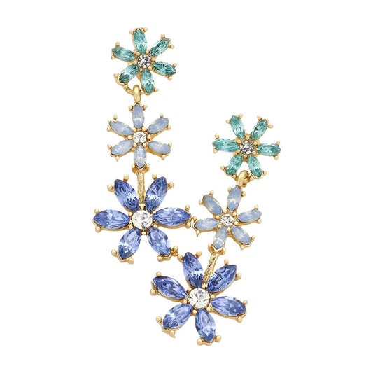 Blue Triple Flower Link Dangle Evening Earrings, are beautifully decorated to dangle on your earlobes on special occasions for making you stand out from the crowd. Wear these flower evening earrings to show your unique yet attractive & beautiful choice. Coordinate these flower & leaf-themed evening earrings with any special outfit to draw everyone's attention. Perfect jewelry gift to expand a woman's fashion wardrobe with a modern, on-trend style.