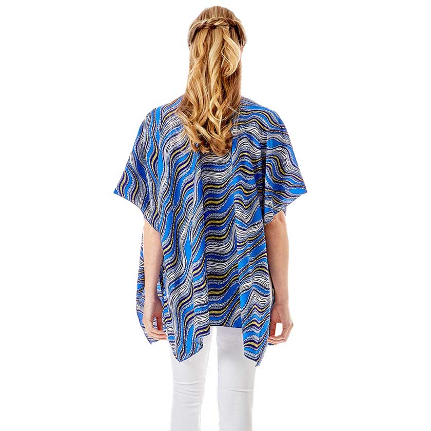 Blue Wavy Printed Lurex Cover Up Poncho Kimono Poncho. Lightweight and soft brushed fabric exterior fabric that make you feel more warm and comfortable. Cute and trendy Cardigan for women. Great for dating, hanging out, daily wear, vacation, travel, shopping, holiday attire, office, work, outwear, fall, spring or early winter. Perfect Gift for Wife, Mom, Birthday, Holiday, Anniversary, Fun Night Out.