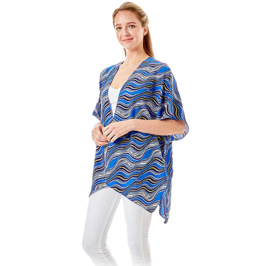 Blue Wavy Printed Lurex Cover Up Poncho Kimono Poncho. Lightweight and soft brushed fabric exterior fabric that make you feel more warm and comfortable. Cute and trendy Cardigan for women. Great for dating, hanging out, daily wear, vacation, travel, shopping, holiday attire, office, work, outwear, fall, spring or early winter. Perfect Gift for Wife, Mom, Birthday, Holiday, Anniversary, Fun Night Out.