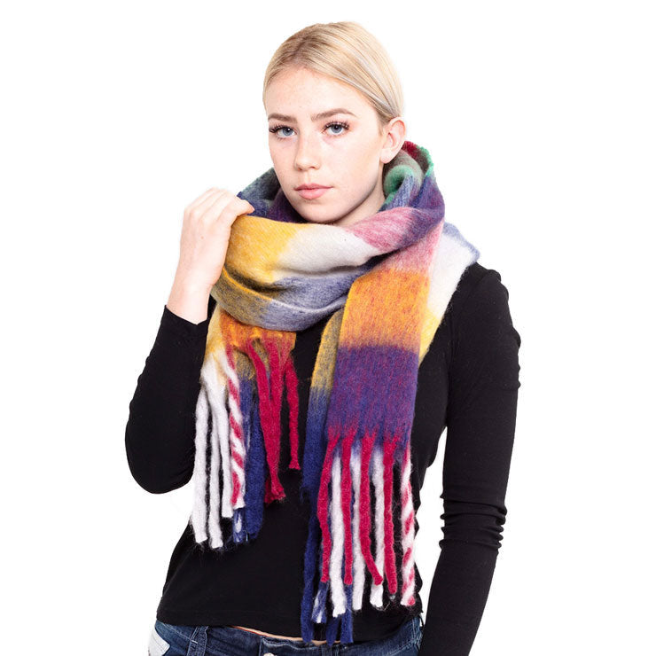 Blue-Yellow Multi Color Block Tassel Oblong Scarf Oblong Wrap Oblong Shawl Scarf, accent your look with this soft, highly versatile oblong scarf. A rugged staple that brings a chic look with warm weather intentions, this classic, long scarf, is an easy choice to fight against the cold of winter. It's beautiful tonal leaf pattern will pair well with your wardrobe and keep you warm. 