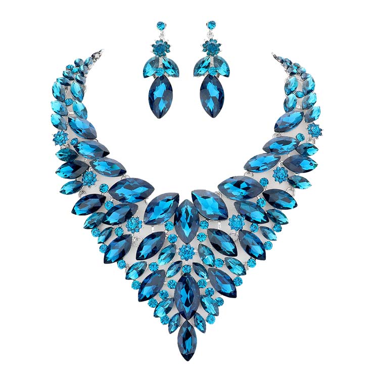 Blue Marquise Stone Cluster Statement Evening Necklace, These gorgeous marquise stone cluster jewelry sets will show your perfect beauty & class on any special occasion. The elegance of these stones goes unmatched. Great for wearing at a party, wedding, wedding showers, birthdays, prom, graduation, anniversaries, etc. Perfect for adding just the right amount of glamour and sophistication to important occasions.