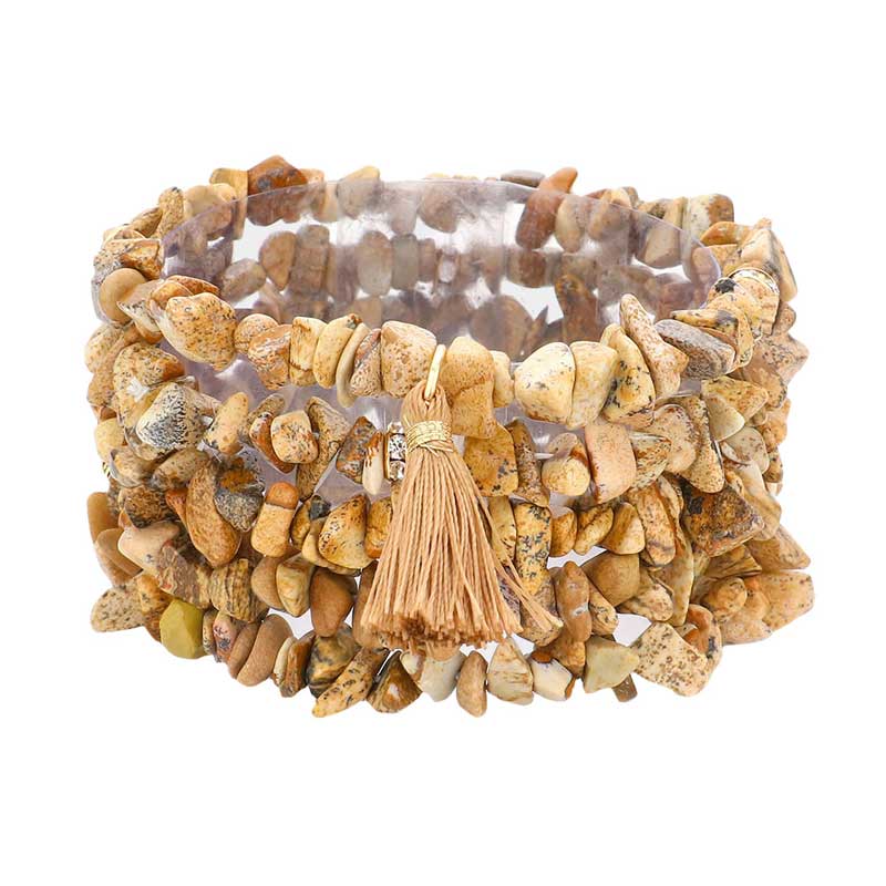 Brown 5PCS Natural Stone Tassel Multi Layered Bracelets, Add this 5 piece multi layered bracelet with tassel to light up any outfit, feel absolutely flawless. perfectly lightweight for all-day wear, coordinate with any ensemble from business casual to everyday wear, the perfect addition to every outfit. Adds a touch of nature-inspired beauty to your look. 