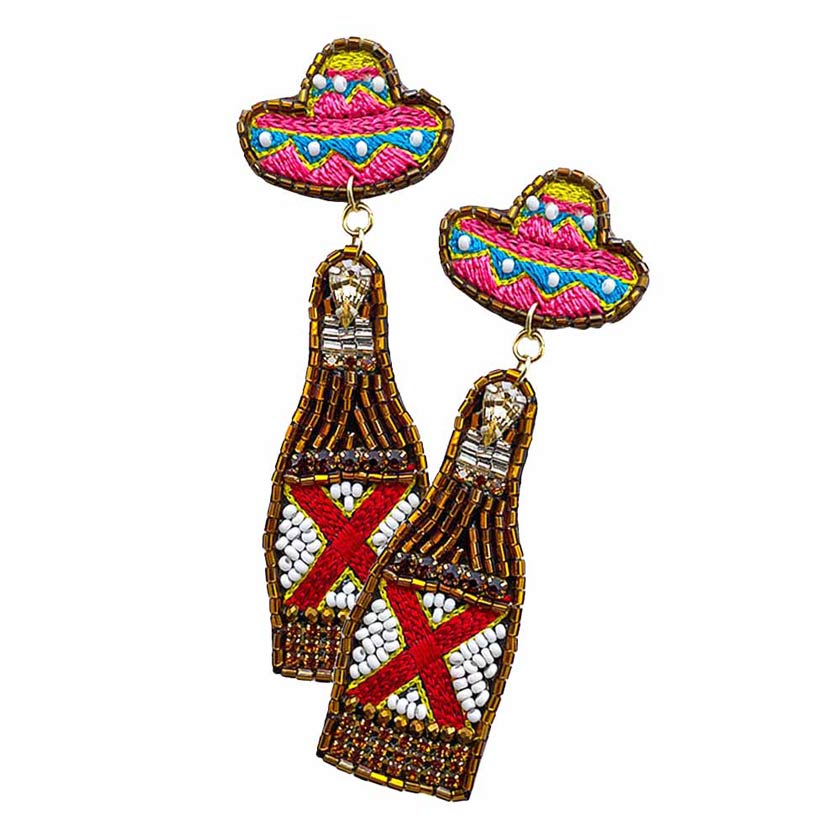 Brown Felt Back Embroidery Hat Beaded Champagne Link Dangle Earrings, turn your ears into a chic fashion statement with these embroidery beaded champagne dangle earrings! Wear these beautiful hat earrings to get immediate compliments. Put on a pop of color to complete your ensemble in perfect style.