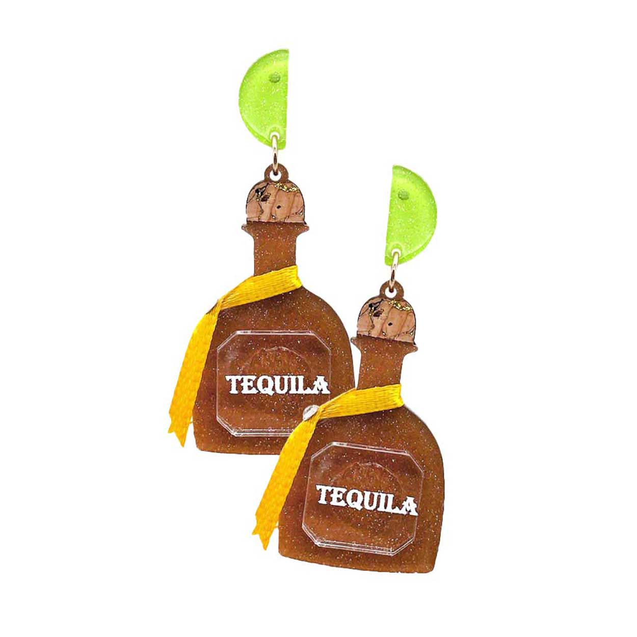 Brown Glittered Resin Tequila Dangle Earrings. These fashionable trendy tequila bottle earrings  are suitable for every girl!  These gorgeous earrings are unique in design, light and sparky. Perfect for Valentine’s Day, bachelorette party, Beach Party, Vacation Earrings, Party Earrings, Party Favors to glam up your party outfit.