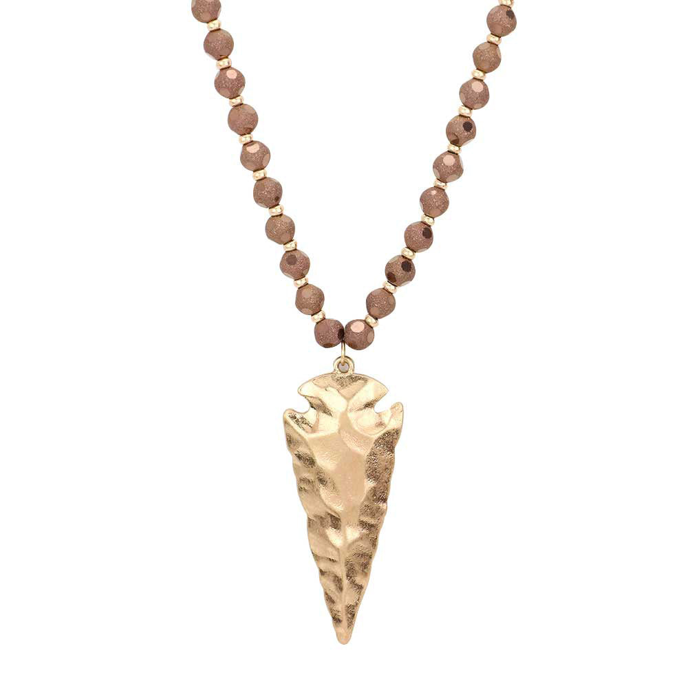 Brown Hammered Metal Arrow Pendant Faceted Beads Long Necklace, The arrowhead pendant design is trendy and chic, cool and special, goes well with other accessories, make you more charming and edgy among the crowds.  This faceted beads necklace pendant is suitable for any occasion, Perfect Birthday Gift, Anniversary Gift, Mother's Day Gift. 