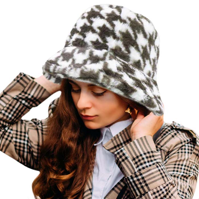 Brown Houndstooth Patterned Faux Fur Bucket Hat, This Faux Fur bucket hat is nicely designed and a great addition to your attire. Have fun and look stylish anywhere outdoors. Great for covering up when you are having a bad hair day. Perfect for protecting you from the wind, snow, beach, pool, camping, or any outdoor activities in cold weather. This classic style is lightweight and practical, perfect for all occasions at lunches, picnics, evening dinner parties or barbeques.