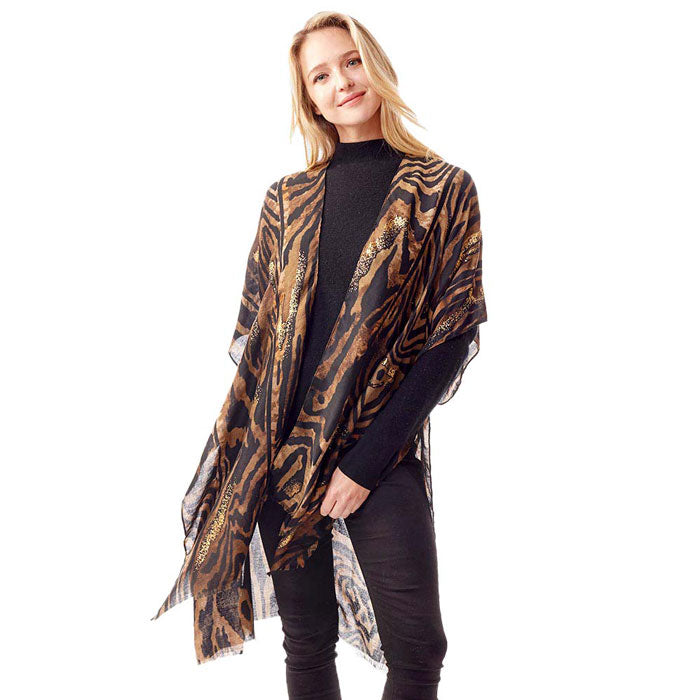 Brown Mixed Animal Printed Gold Foil Accented Ruana Poncho, on-trend & fabulous design make it eye-catching and beautiful. It will keep you cozy and comfortable on winter and cold days. Go outside with confidence and beauty with this animal-designed ponchos. It's a luxe addition to any cold-weather ensemble. Great for daily wear in the cold winter to protect you against the chill.