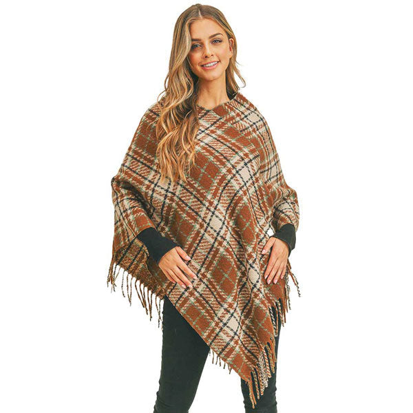 Brown Multi Plaid Poncho. This kimono poncho is lightweight and soft brushed exterior fabric that make you feel more warm and comfortable. Cute and trendy Plaid Vest for women. Great for dating, hanging out, daily wear, vacation, travel, shopping, holiday attire, office, work, outwear, fall, spring or early winter. Perfect Gift for Wife, Mom, Birthday, Holiday, Anniversary, Fun Night Out.