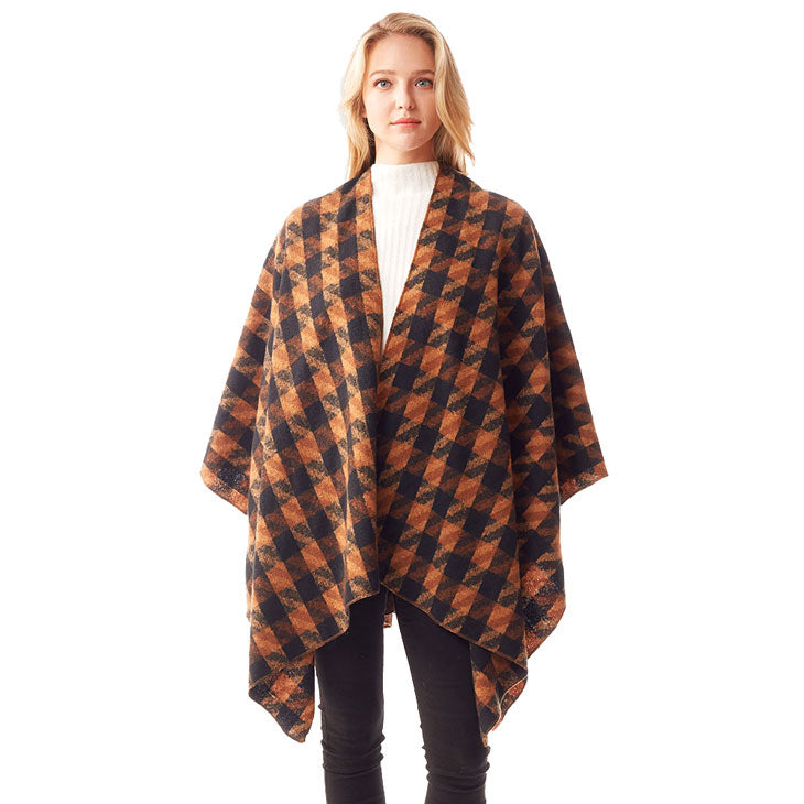 Brown Polyester Houndstooth Printed Ruana Poncho, the perfect accessory, luxurious, trendy, super soft chic capelet, keeps you warm and toasty. You can throw it on over so many pieces elevating any casual outfit! Perfect Gift for Wife, Mom, Birthday, Holiday, Christmas, Anniversary, Fun Night Out