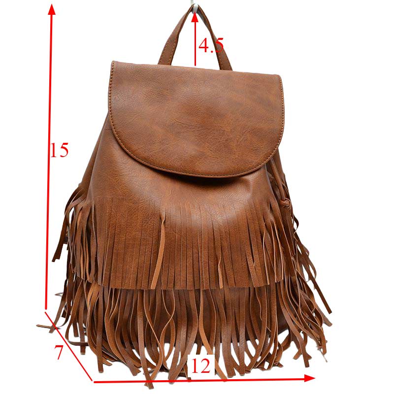 Brown Stylish Vegan Leather Fringe Backpack, is a high-quality vegan leather fringe backpack that enriches your fashion and represent your trendy choice. Wherever you go for travelling, tour, day out, picnic etc, it's the best accessory for carrying all necessary stuff in one place conveniently to be hands-free. It's highly durable, large size and nicely designed with fringe that drags out the real beauty. One will be able to carry through the whole day that a student needs the most.